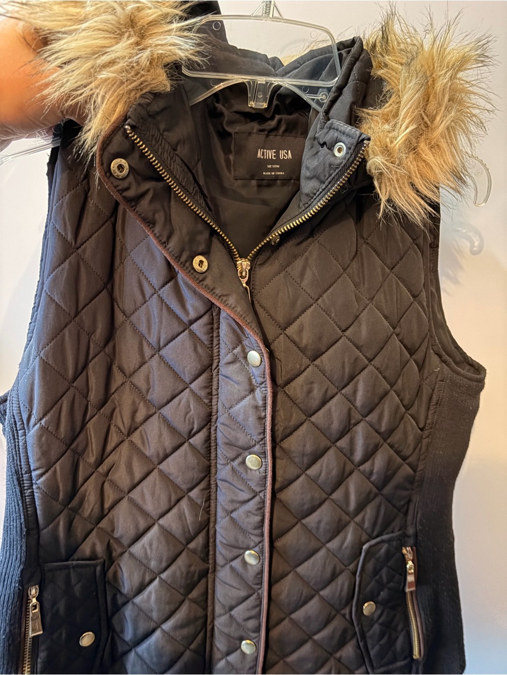 Active USA Quilted Black Faux Fur Hooded Vest